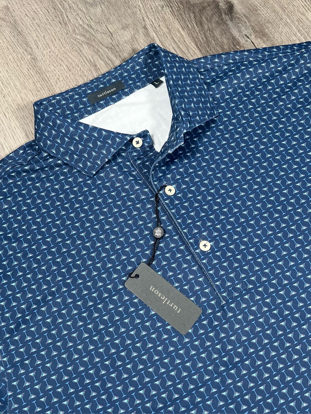 New Turtleson Barron Golf Polo Shirt Mens Large Navy Blue Martini Glass Print